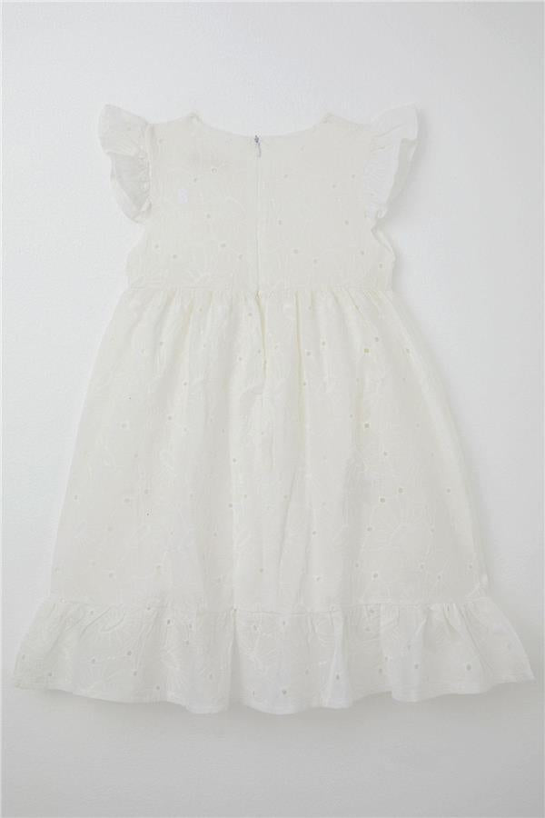 Girl's Dress with Lace and Floral Embroidery, Ecru (Ages 4-8)