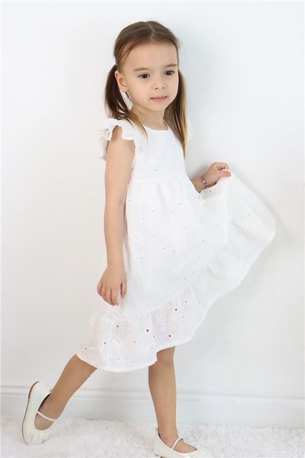Girl's Dress with Lace and Floral Embroidery, Ecru (Ages 4-8)