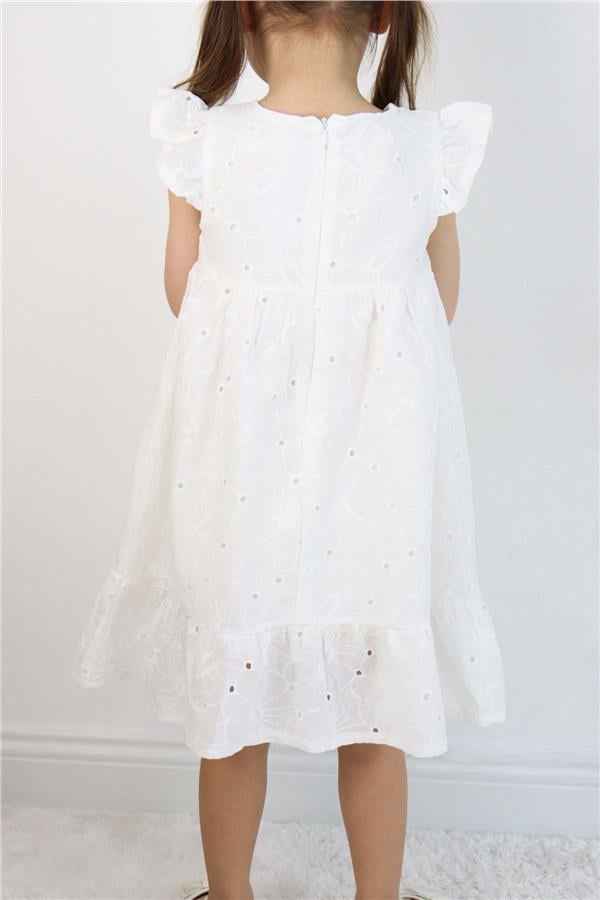 Girl's Dress with Lace and Floral Embroidery, Ecru (Ages 4-8)