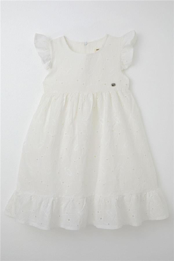 Girl's Dress with Lace and Floral Embroidery, Ecru (Ages 4-8)