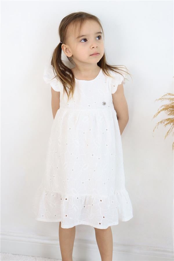 Girl's Dress with Lace and Floral Embroidery, Ecru (Ages 4-8)