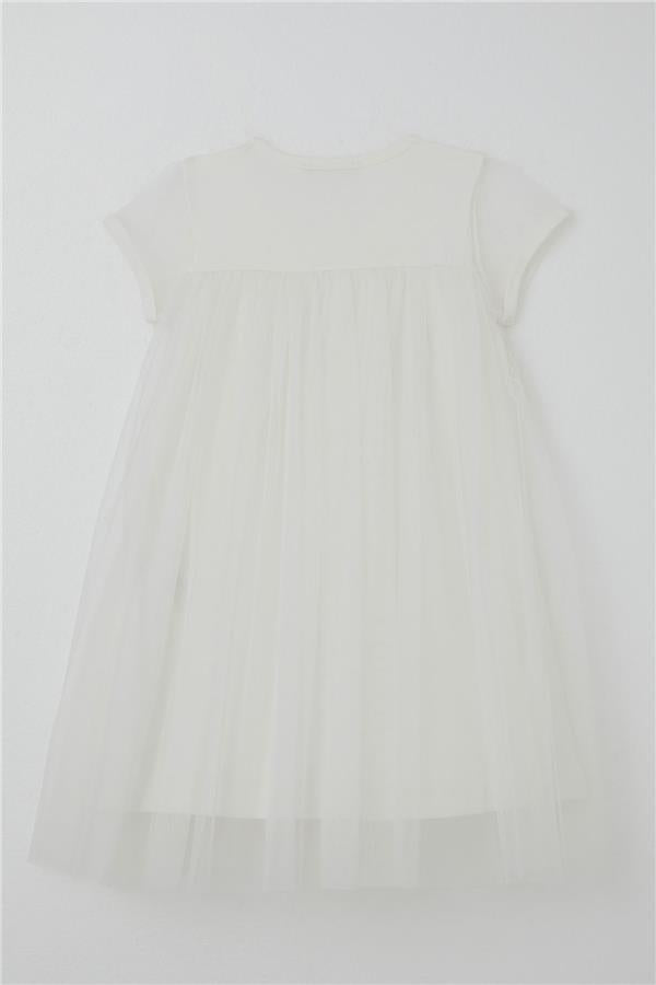Girl's Dress with Embroidered Tulle, White (2-3 Years)