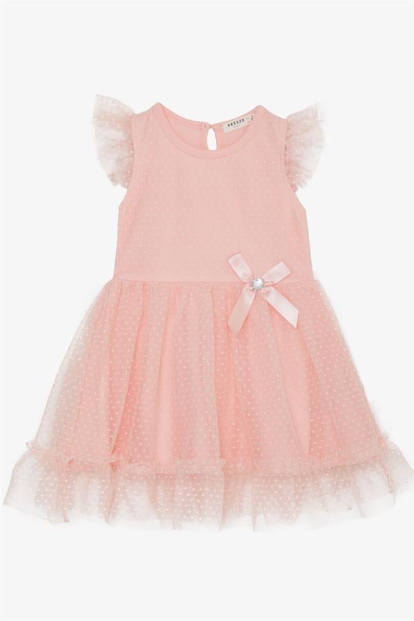 Girls' Dress with Ruffled Shoulder and Skirt, Tulle Pattern, Salmon (3-5 Years)