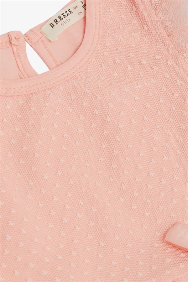 Girls' Dress with Ruffled Shoulder and Skirt, Tulle Pattern, Salmon (3-5 Years)