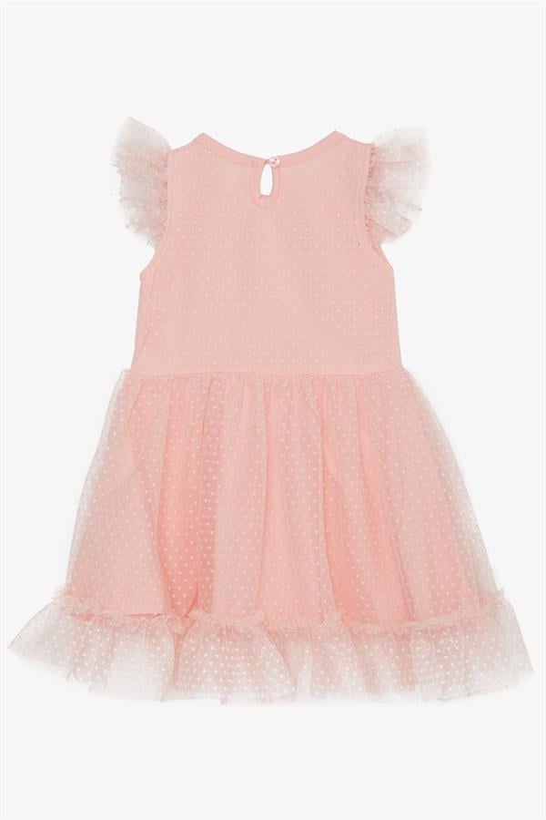 Girls' Dress with Ruffled Shoulder and Skirt, Tulle Pattern, Salmon (3-5 Years)