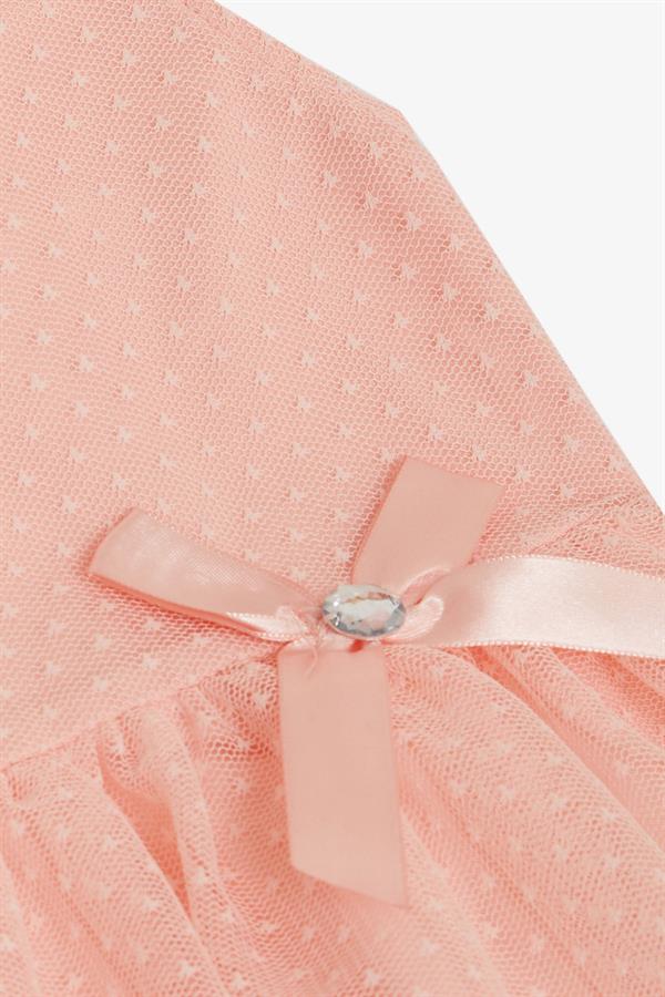 Girls' Dress with Ruffled Shoulder and Skirt, Tulle Pattern, Salmon (3-5 Years)
