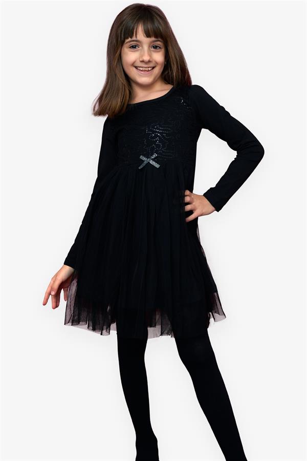 Girl's Dress with Sequins, Bow, and Tulle, Black (Ages 4)