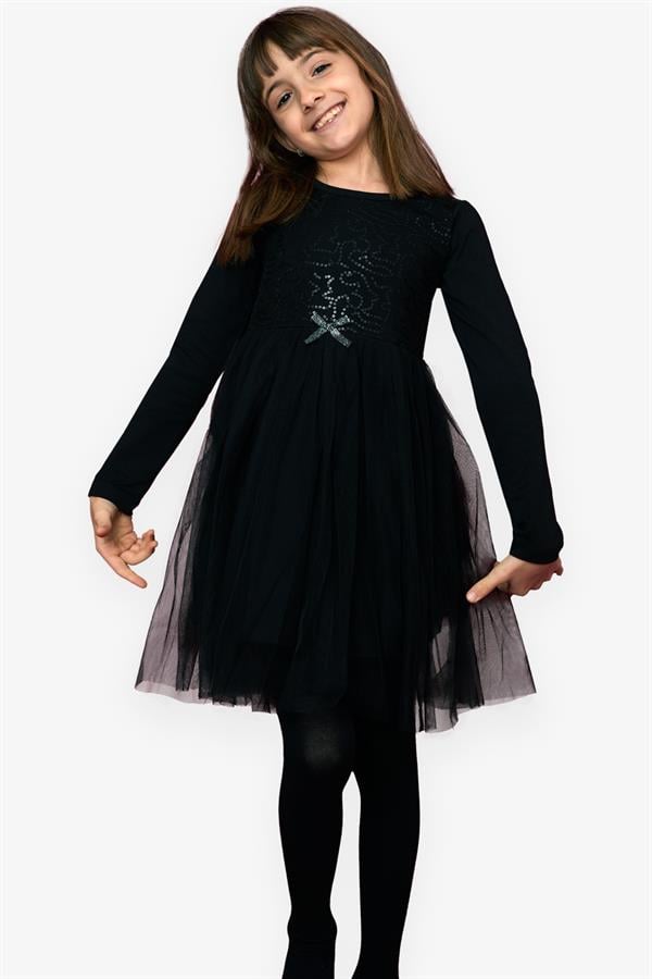 Girl's Dress with Sequins, Bow, and Tulle, Black (Ages 4)