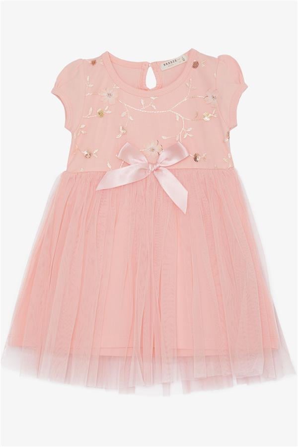 Baby Girl Dress with Sequins, Embroidery, Bow, and Tulle, Salmon Color (1.5-2 Years)