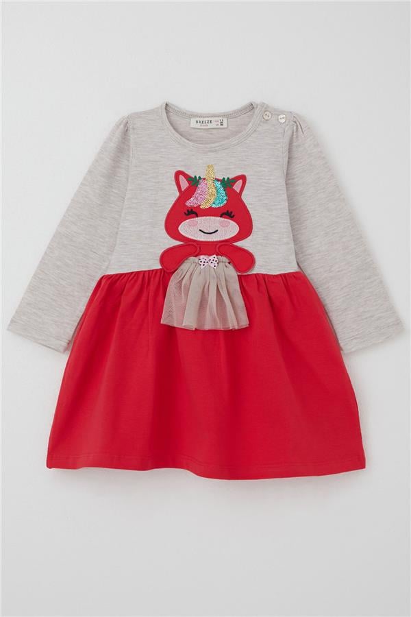 Baby Girl Long-Sleeved Dress with Sequined and Embroidered Kitten, Beige Melange (1-2 Years)
