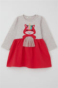 Baby Girl Long-Sleeved Dress with Sequined and Embroidered Kitten, Beige Melange (1-2 Years)