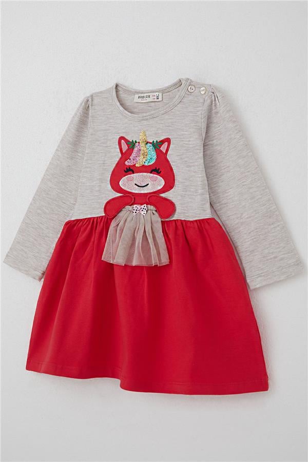 Baby Girl Long-Sleeved Dress with Sequined and Embroidered Kitten, Beige Melange (1-2 Years)