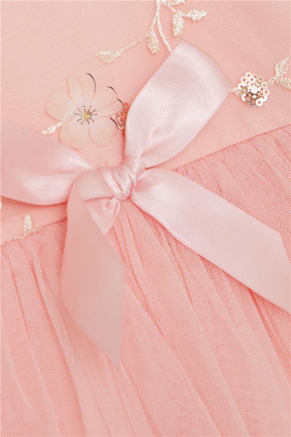 Baby Girl Dress with Sequins, Embroidery, Bow, and Tulle, Salmon Color (1.5-2 Years)