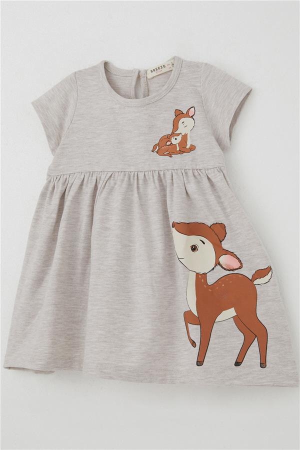 Girl's Dress Cute Deer Print Beige Melange (1.5-5 Years)
