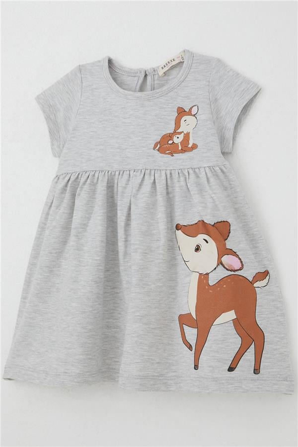 Girl's Dress Cute Deer Print Grey Melange (1.5-4 Years)