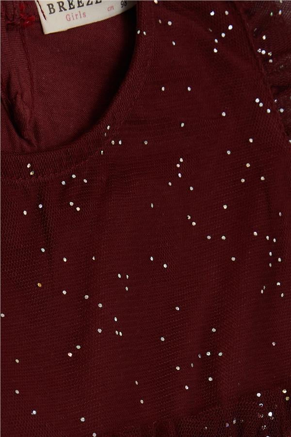 Girl's Dress with Glitter, Tulle and Ruffles, Burgundy (3-4 Years)