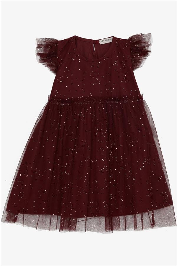 Girl's Dress with Glitter, Tulle and Ruffles, Burgundy (3-4 Years)