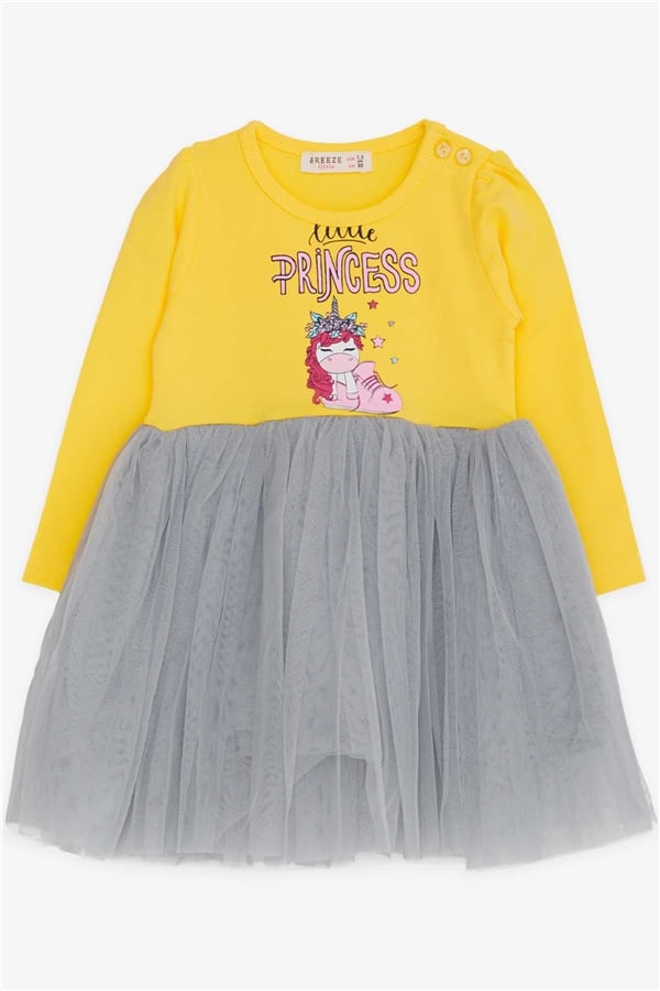 Baby Girl Long-Sleeved Dress with Unicorn Print, Yellow (1.5-2 Years)