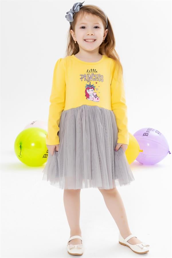 Baby Girl Long-Sleeved Dress with Unicorn Print, Yellow (1.5-2 Years)