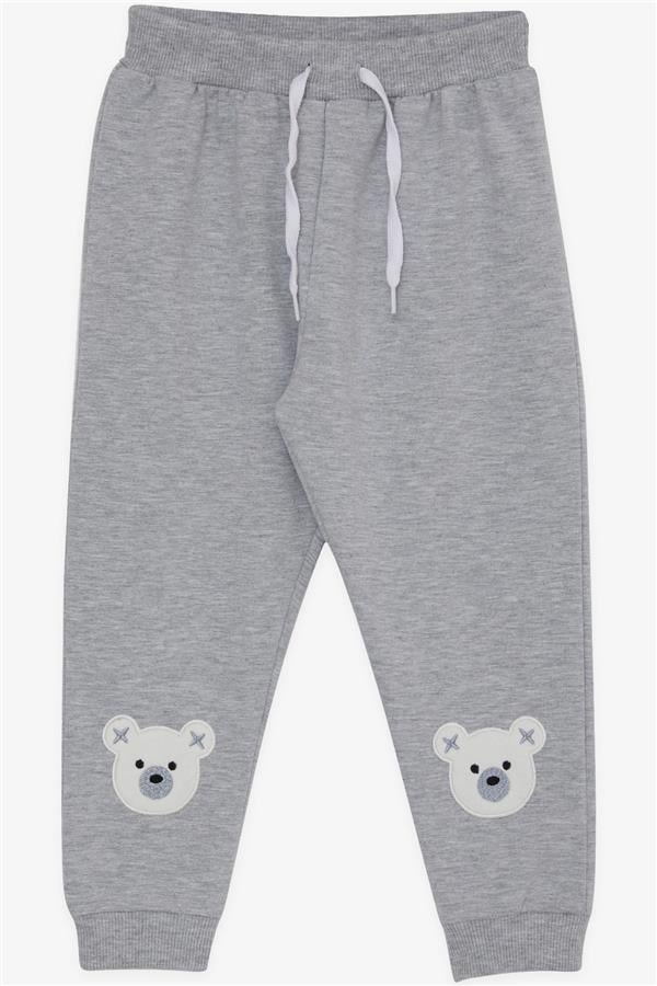 Baby Girl Sweatpants with Cute Teddy Bear Embroidery, Light Grey Melange (1-1.5 Years)