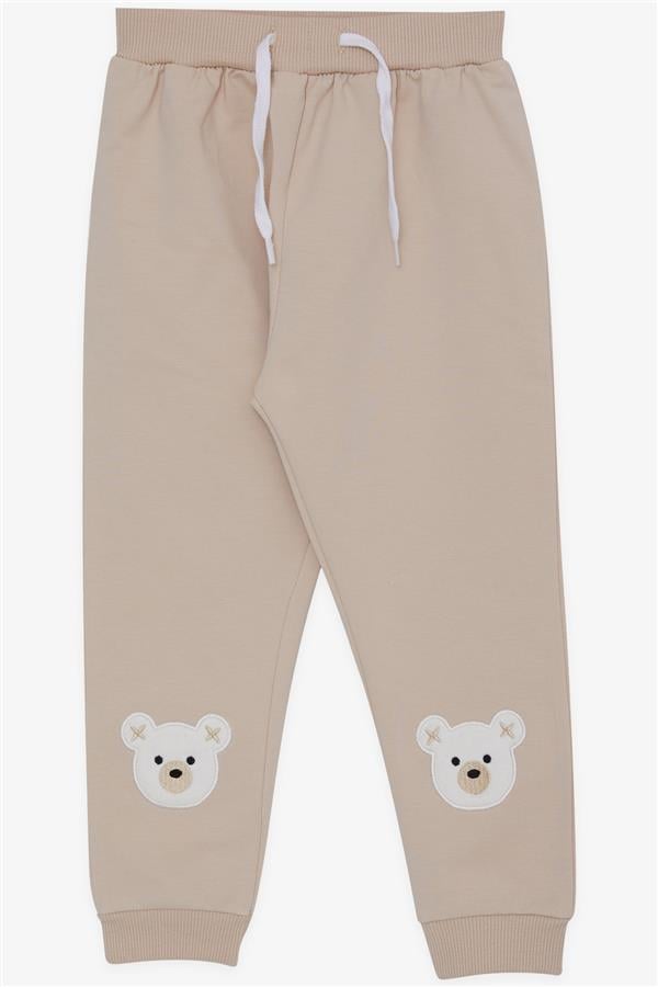Baby Girl Sweatpants with Cute Teddy Bear Embroidery, Beige (1-1.5 Years)