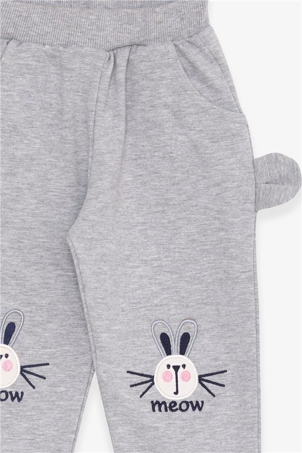 Baby Girl Sweatpants with Bunny Embroidery, Light Grey Melange (1-1.5 Years)