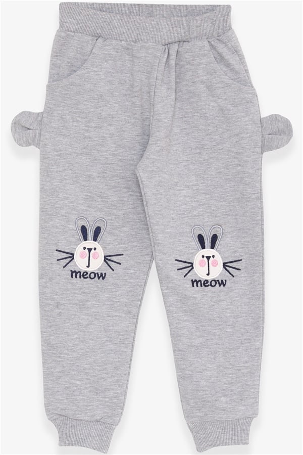 Baby Girl Sweatpants with Bunny Embroidery, Light Grey Melange (1-1.5 Years)