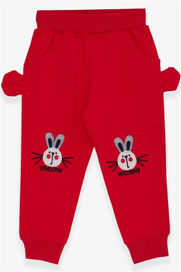 Baby Girl Sweatpants with Bunny Embroidery, Pomegranate Blossom (1-1.5 Years)