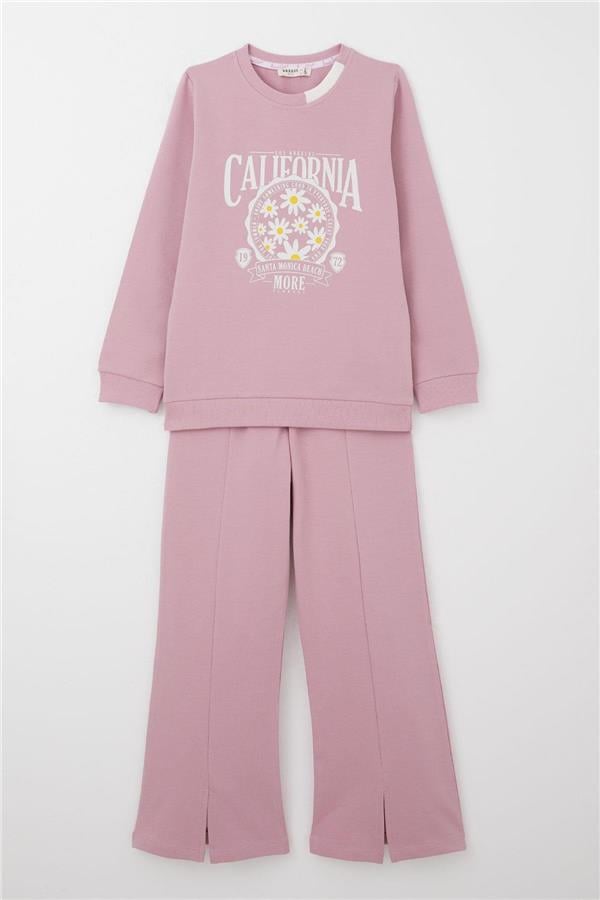 Girls' Tracksuit Set with Floral Print, Wide Leg, and Slit, Rose Pink (Ages 5-9)