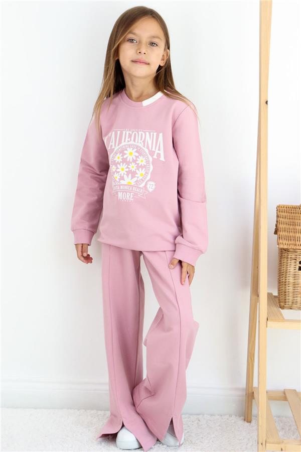 Girls' Tracksuit Set with Floral Print, Wide Leg, and Slit, Rose Pink (Ages 5-9)