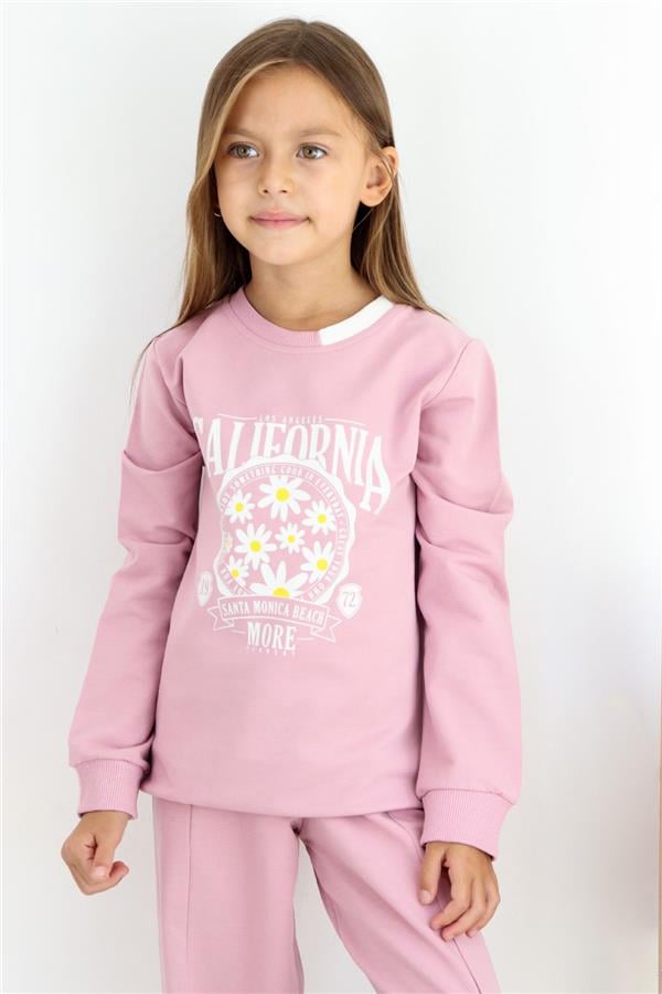 Girls' Tracksuit Set with Floral Print, Wide Leg, and Slit, Rose Pink (Ages 5-9)