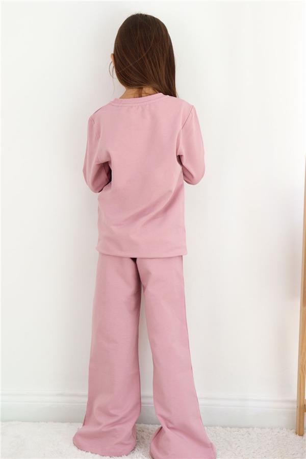 Girls' Tracksuit Set with Floral Print, Wide Leg, and Slit, Rose Pink (Ages 5-9)