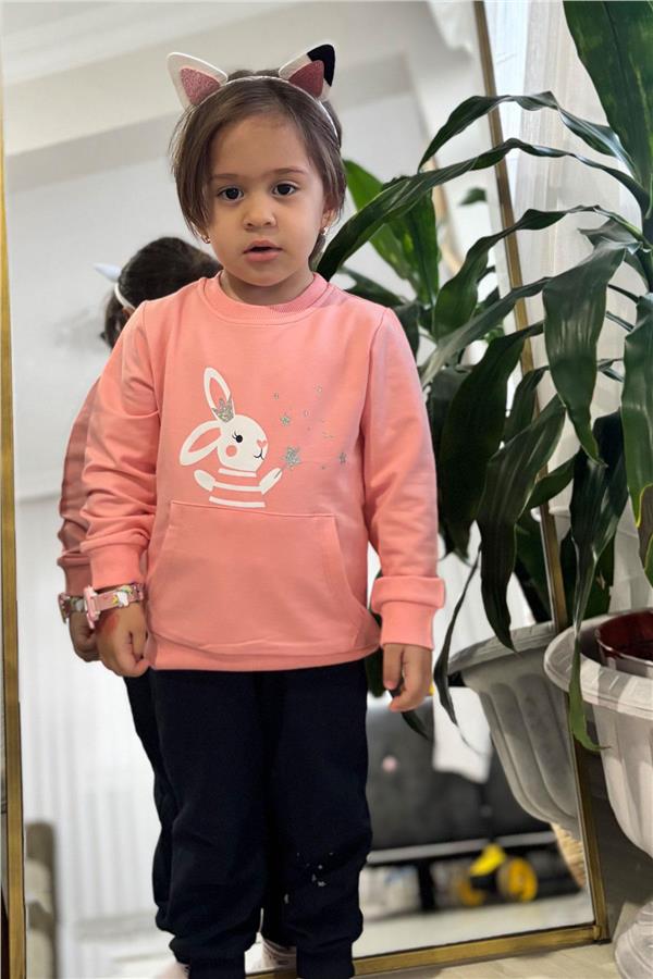 Baby Girl Tracksuit Set with Cute Wizard Bunny Print, Salmon (1-2 Years)