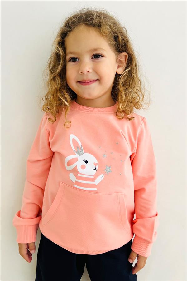 Baby Girl Tracksuit Set with Cute Wizard Bunny Print, Salmon (1-2 Years)