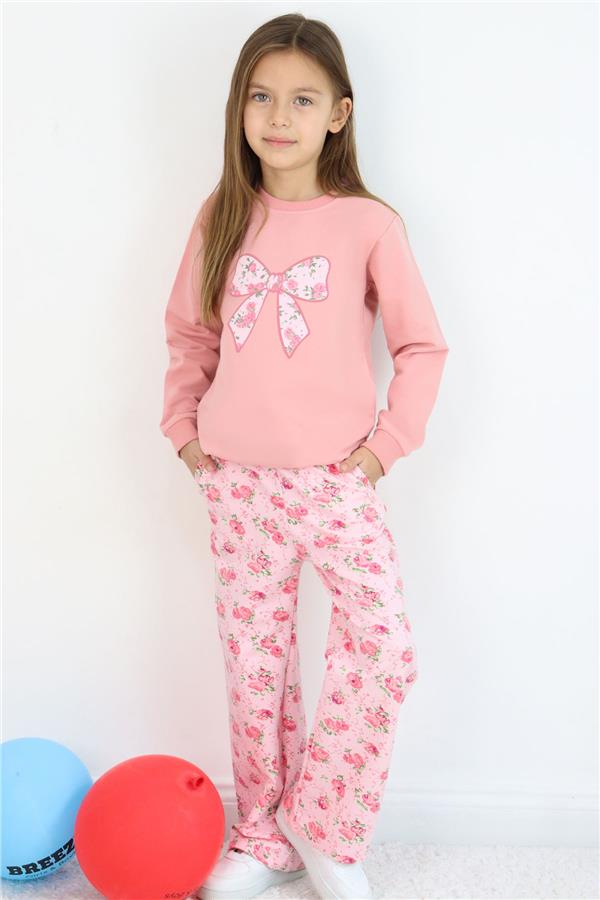 Girls' Tracksuit Set with Bow Print Pants and Floral Pattern, Rose Pink (1.5-5 Years)