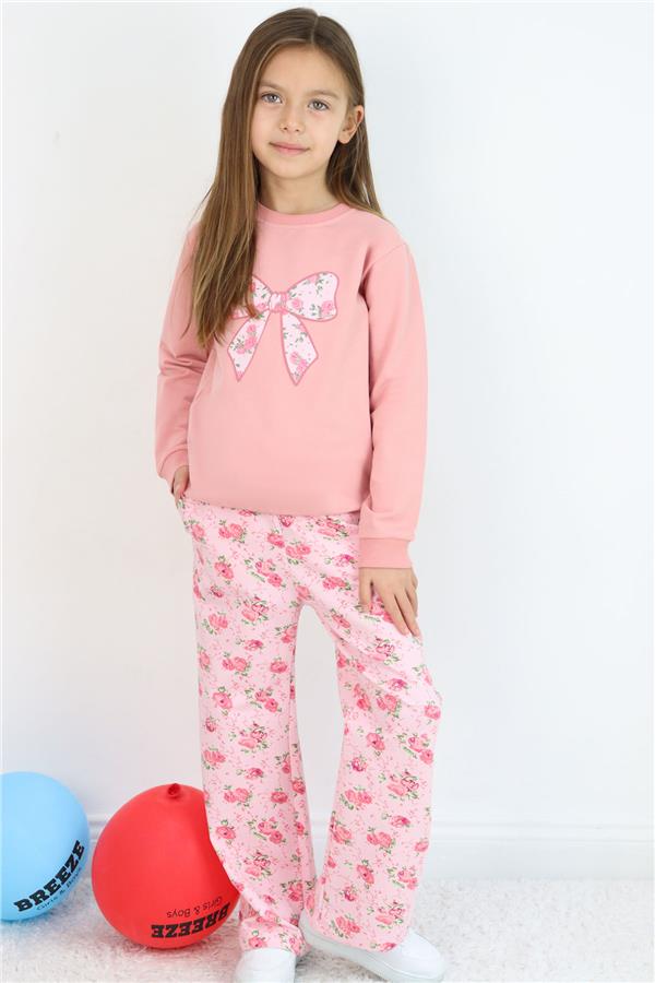 Girls' Tracksuit Set with Bow Print Pants and Floral Pattern, Rose Pink (1.5-5 Years)