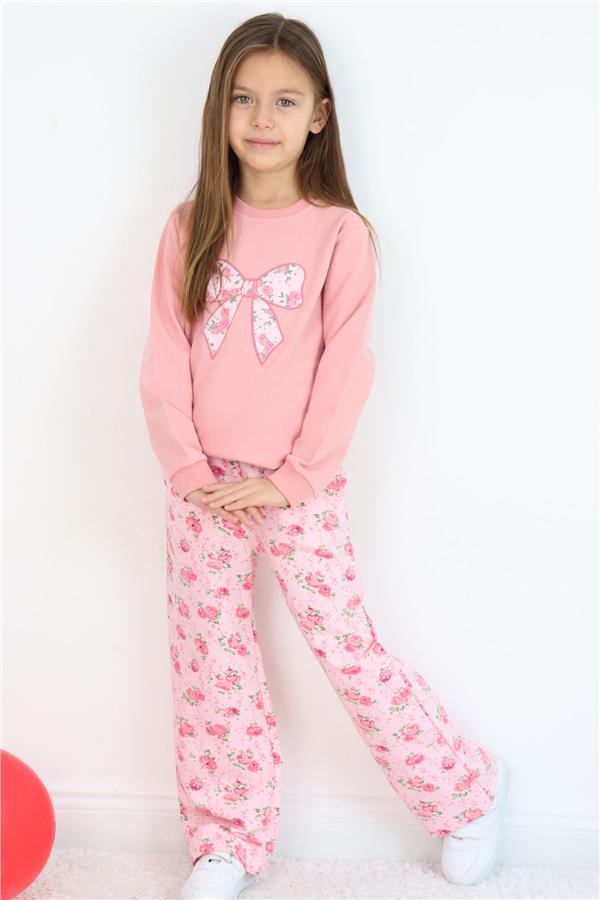 Girls' Tracksuit Set with Bow Print Pants and Floral Pattern, Rose Pink (1.5-5 Years)