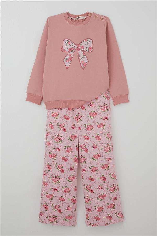 Girls' Tracksuit Set with Bow Print Pants and Floral Pattern, Rose Pink (1.5-5 Years)