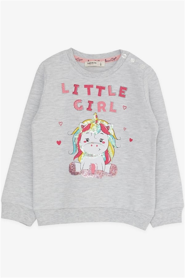 Baby Girl Tracksuit Set with Unicorn Print, Light Grey Melange (1-1.5 Years)