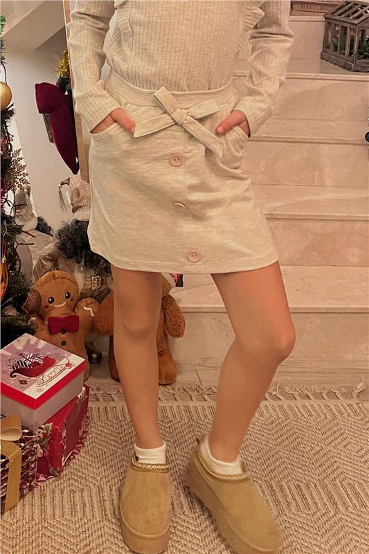 Girl's Skirt with Bow, Beige Melange (Ages 6-12)