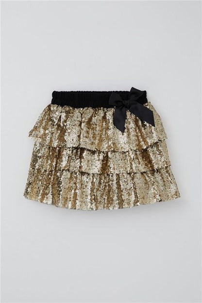 Girl's Layered Skirt with Sequin Bow Accessory, Gold (Ages 5-10)