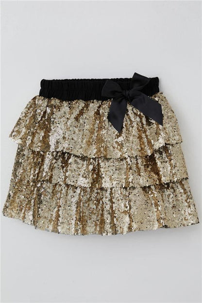 Girl's Layered Skirt with Sequin Bow Accessory, Gold (Ages 5-10)