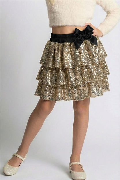 Girl's Layered Skirt with Sequin Bow Accessory, Gold (Ages 5-10)