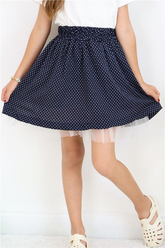 Girls' Skirt with Polka Dot Pattern and Tulle, Navy Blue (Ages 3-9)