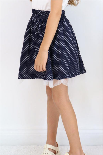 Girls' Skirt with Polka Dot Pattern and Tulle, Navy Blue (Ages 3-9)