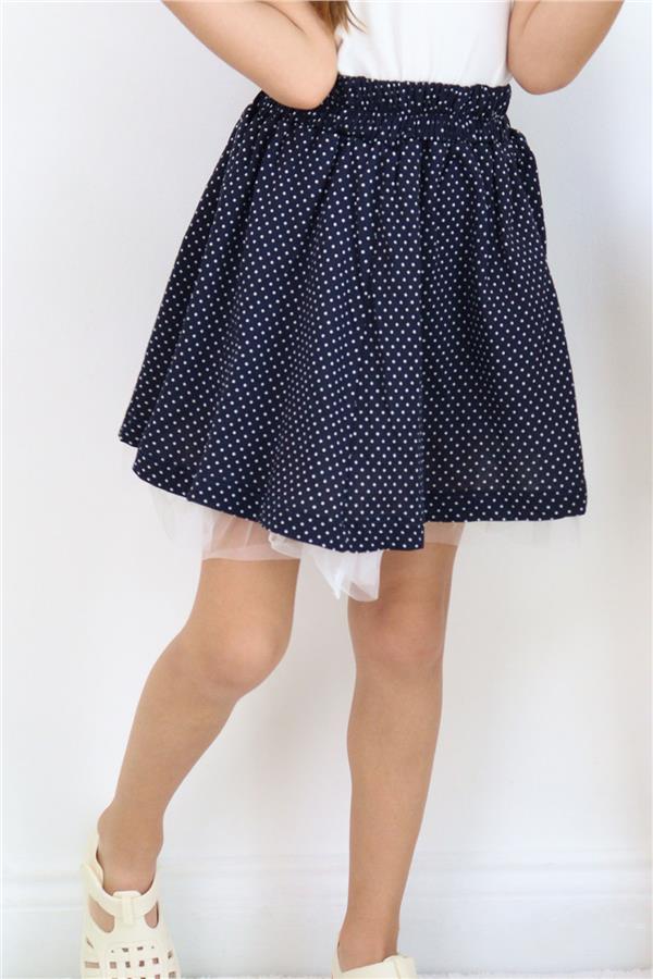 Girls' Skirt with Polka Dot Pattern and Tulle, Navy Blue (Ages 3-9)