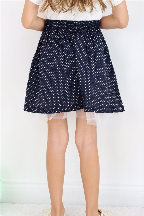 Girls' Skirt with Polka Dot Pattern and Tulle, Navy Blue (Ages 3-9)