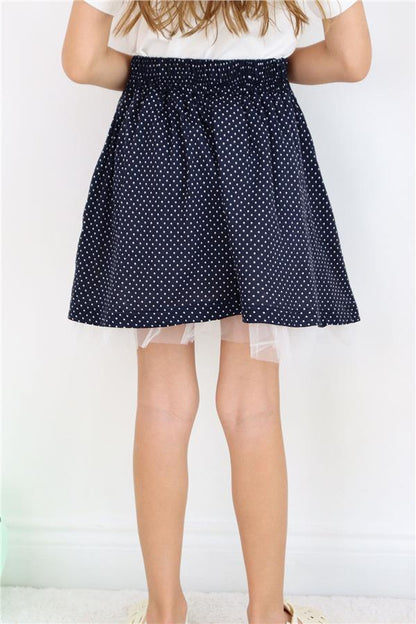 Girls' Skirt with Polka Dot Pattern and Tulle, Navy Blue (Ages 3-9)