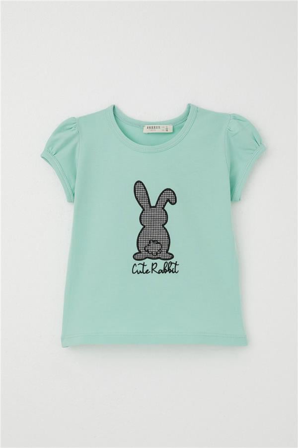 Girls' Skirt Set with Cute Bunny Print, Aqua Green (Ages 3-8)
