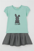 Girls' Skirt Set with Cute Bunny Print, Aqua Green (Ages 3-8)
